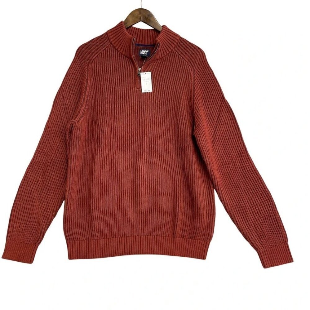 NEW Lands' End Drifter Men's L 1/4 Zip Ribbed Sweater Rust Red 100% Cotton